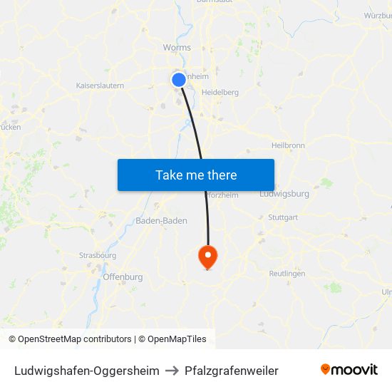 Ludwigshafen-Oggersheim to Pfalzgrafenweiler map