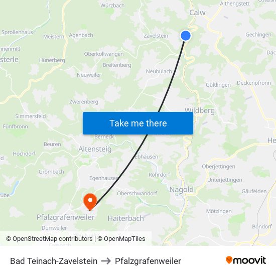 Bad Teinach-Zavelstein to Pfalzgrafenweiler map