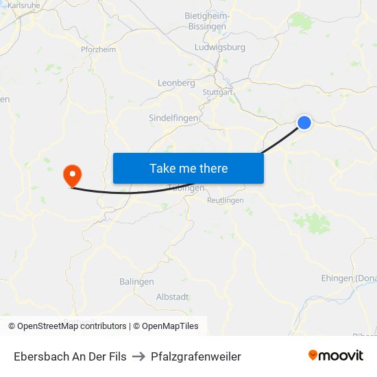 Ebersbach An Der Fils to Pfalzgrafenweiler map