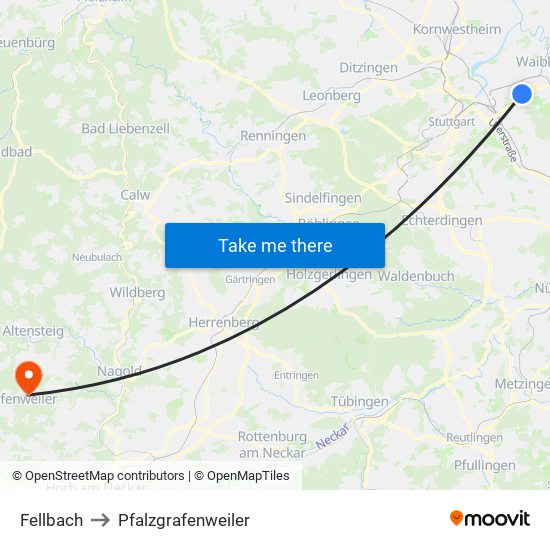 Fellbach to Pfalzgrafenweiler map