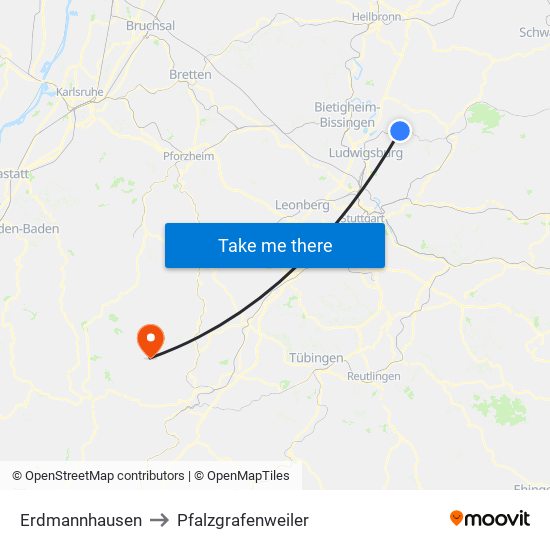Erdmannhausen to Pfalzgrafenweiler map
