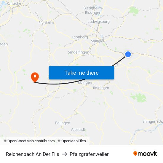 Reichenbach An Der Fils to Pfalzgrafenweiler map