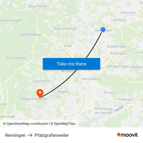 Renningen to Pfalzgrafenweiler map