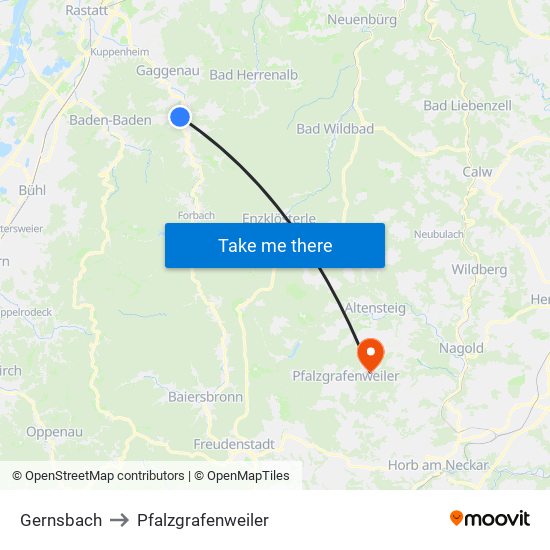 Gernsbach to Pfalzgrafenweiler map