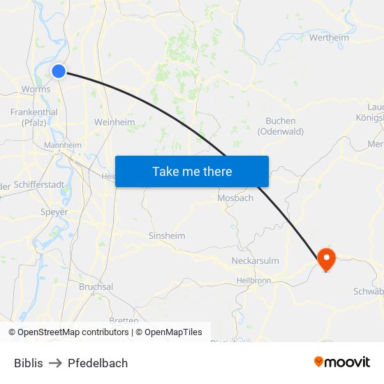 Biblis to Pfedelbach map