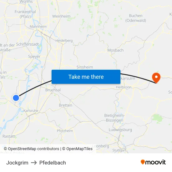 Jockgrim to Pfedelbach map