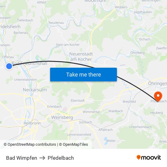Bad Wimpfen to Pfedelbach map