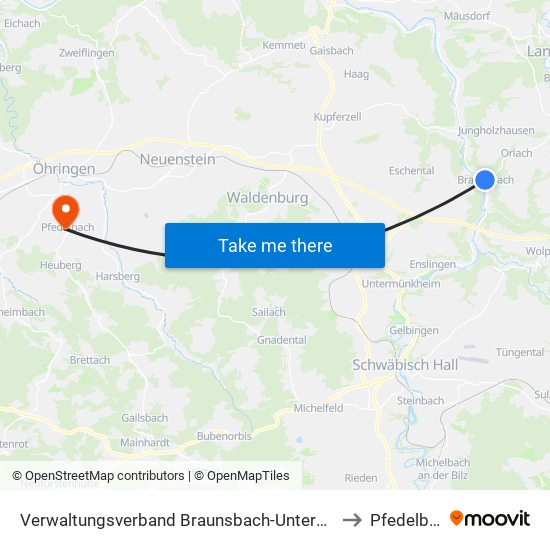 Verwaltungsverband Braunsbach-Untermünkheim to Pfedelbach map