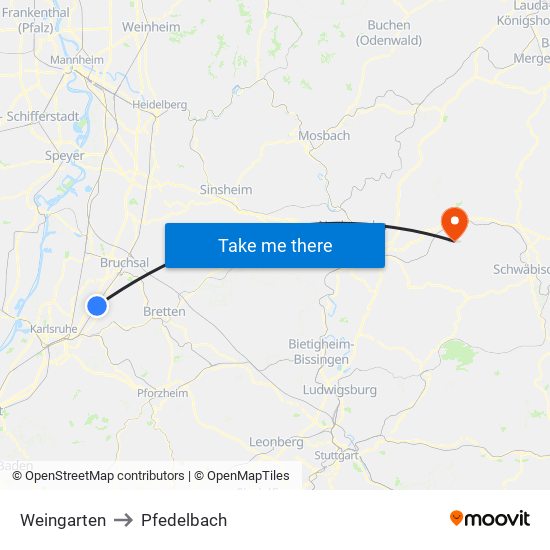 Weingarten to Pfedelbach map
