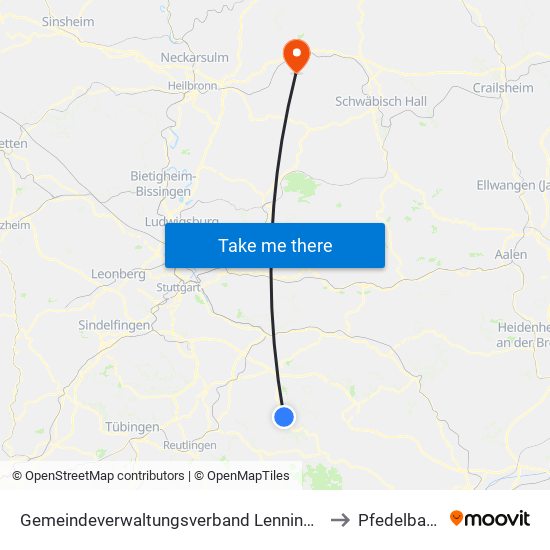 Gemeindeverwaltungsverband Lenningen to Pfedelbach map
