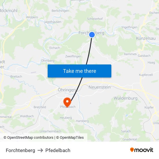 Forchtenberg to Pfedelbach map