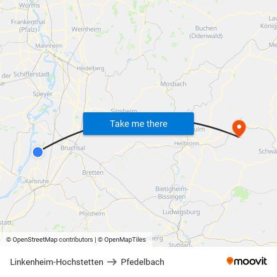 Linkenheim-Hochstetten to Pfedelbach map