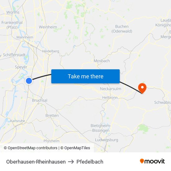 Oberhausen-Rheinhausen to Pfedelbach map