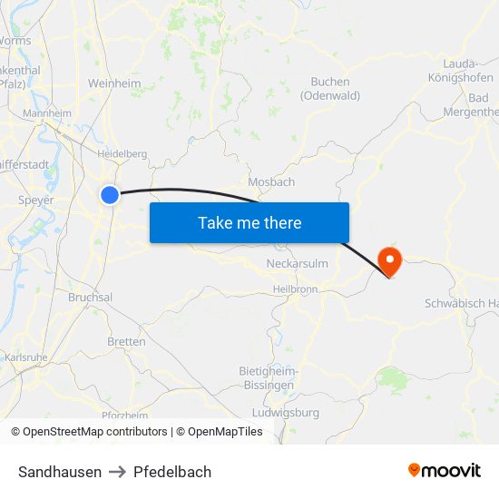 Sandhausen to Pfedelbach map