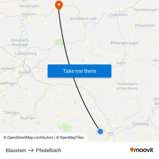 Blaustein to Pfedelbach map