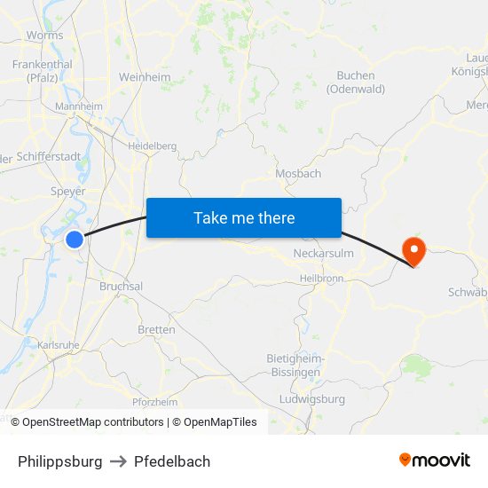 Philippsburg to Pfedelbach map