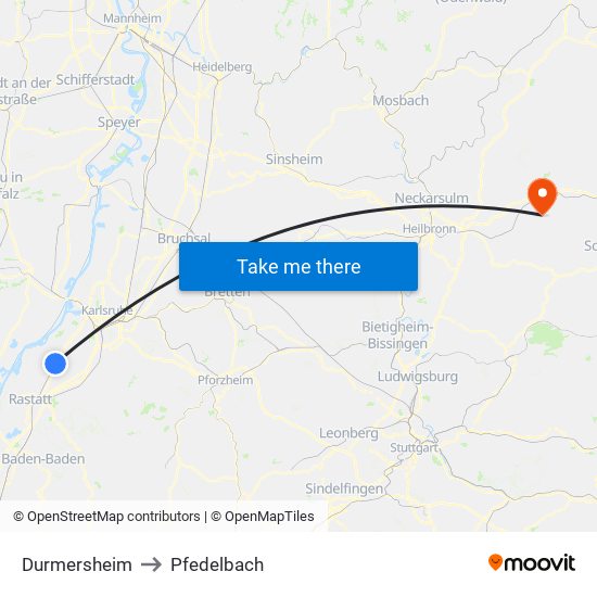 Durmersheim to Pfedelbach map