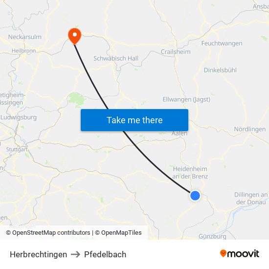 Herbrechtingen to Pfedelbach map