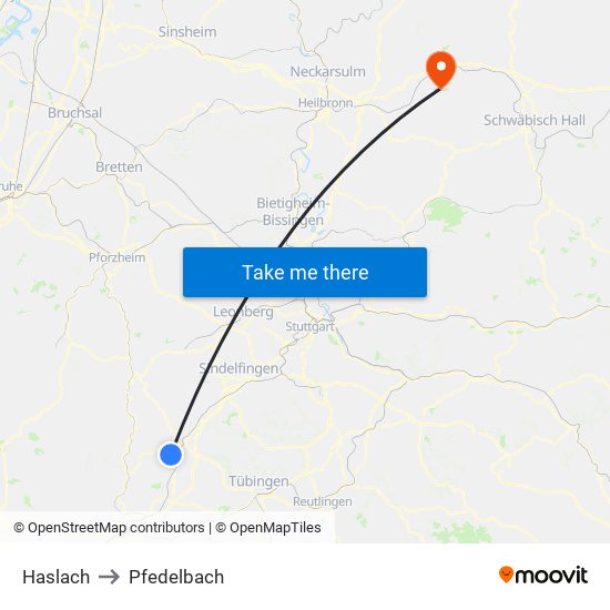 Haslach to Pfedelbach map