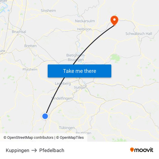 Kuppingen to Pfedelbach map