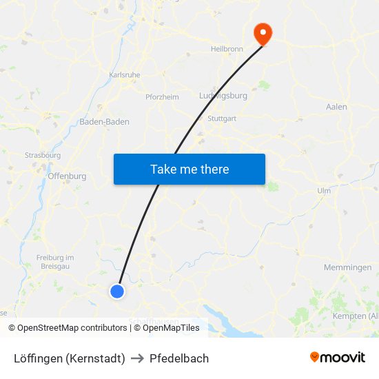 Löffingen (Kernstadt) to Pfedelbach map