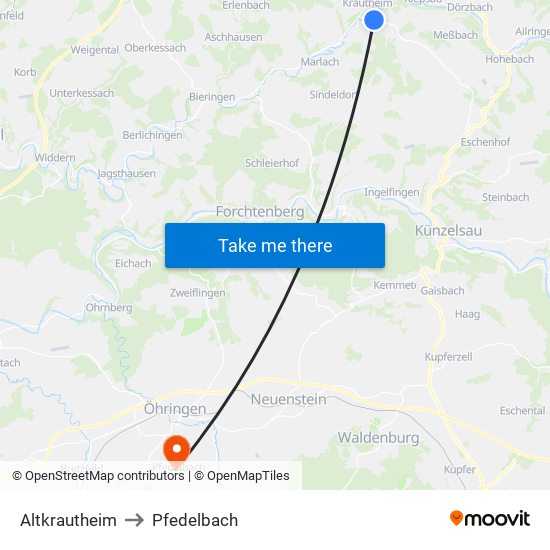 Altkrautheim to Pfedelbach map