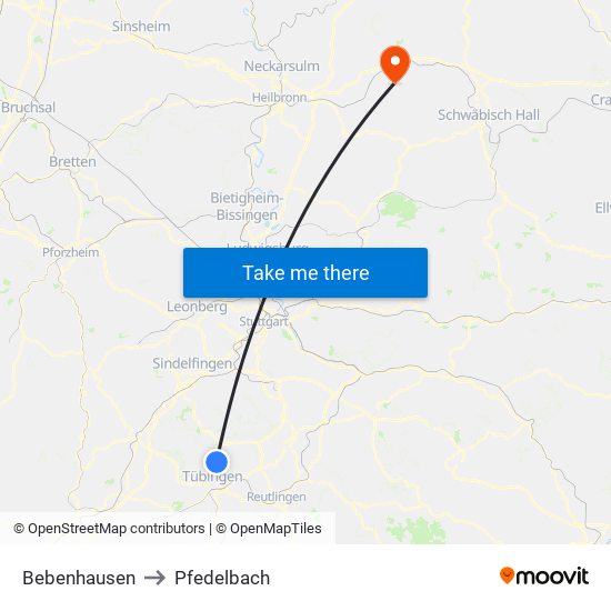 Bebenhausen to Pfedelbach map