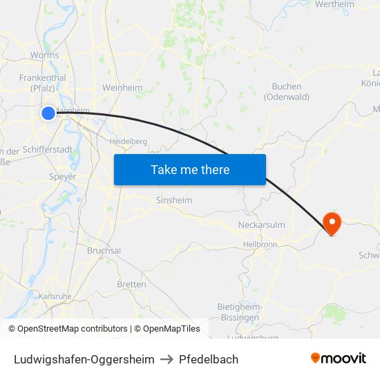 Ludwigshafen-Oggersheim to Pfedelbach map