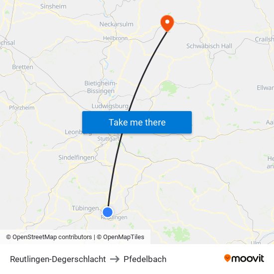 Reutlingen-Degerschlacht to Pfedelbach map