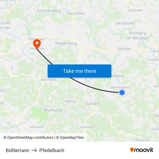 Bühlertann to Pfedelbach map