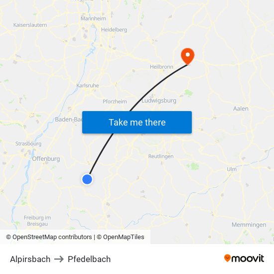 Alpirsbach to Pfedelbach map