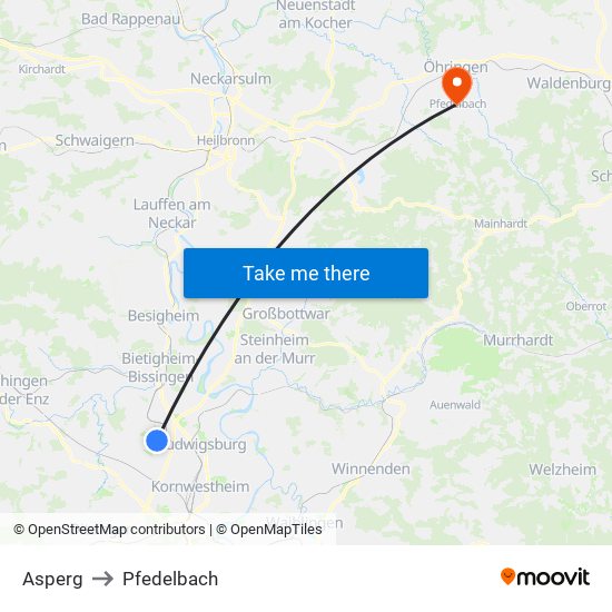 Asperg to Pfedelbach map