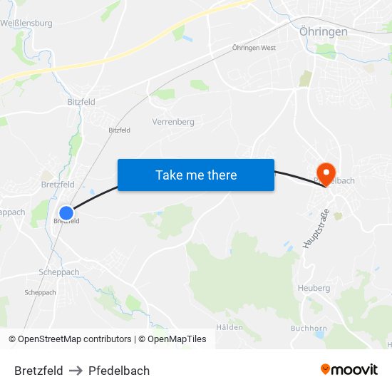 Bretzfeld to Pfedelbach map