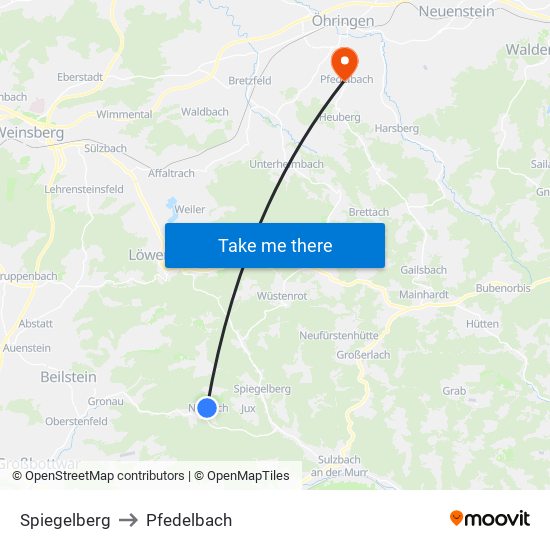 Spiegelberg to Pfedelbach map