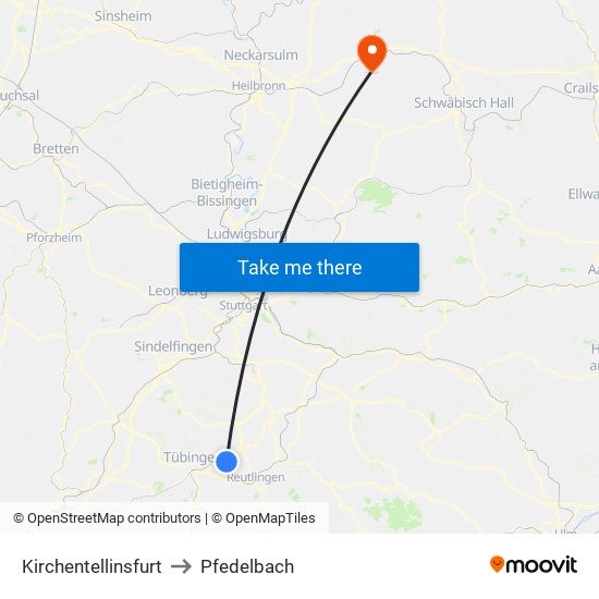 Kirchentellinsfurt to Pfedelbach map