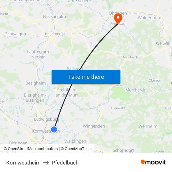 Kornwestheim to Pfedelbach map