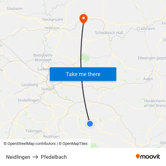 Neidlingen to Pfedelbach map