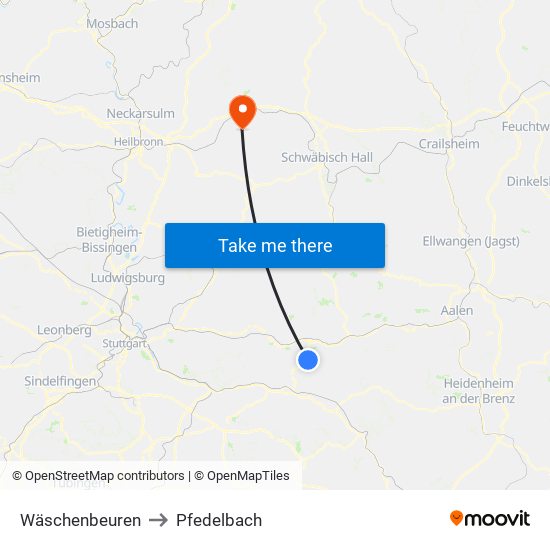 Wäschenbeuren to Pfedelbach map