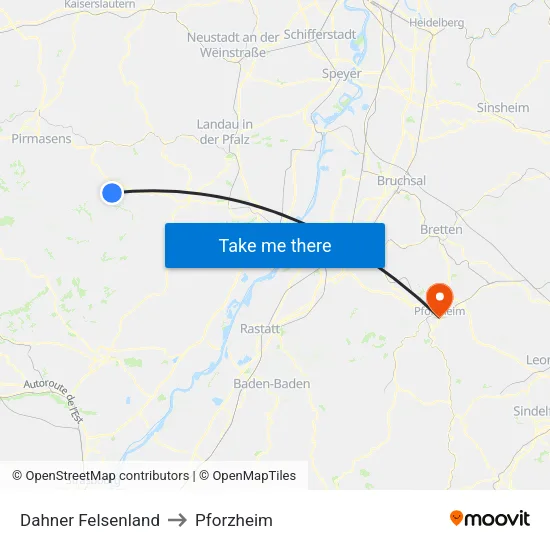 Dahner Felsenland to Pforzheim map