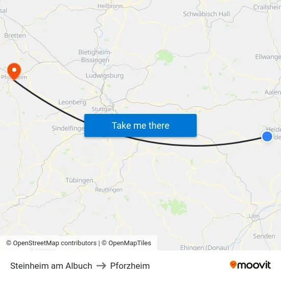 Steinheim am Albuch to Pforzheim map