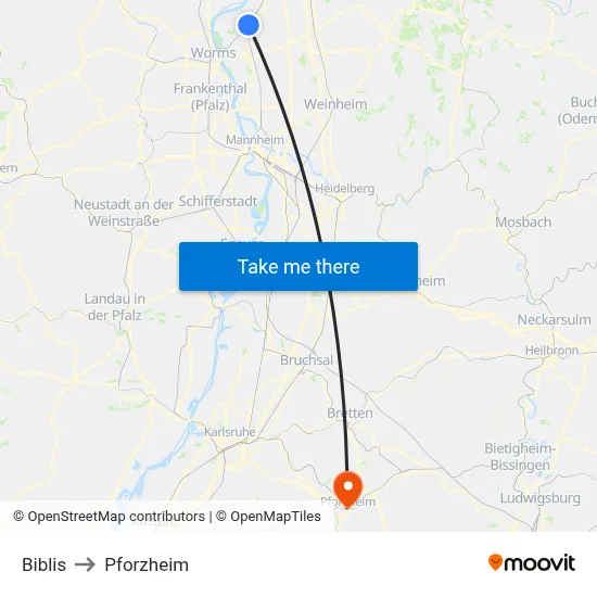 Biblis to Pforzheim map