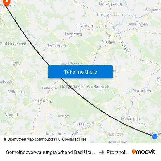 Gemeindeverwaltungsverband Bad Urach to Pforzheim map