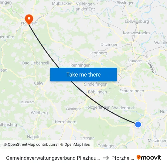 Gemeindeverwaltungsverband Pliezhausen to Pforzheim map