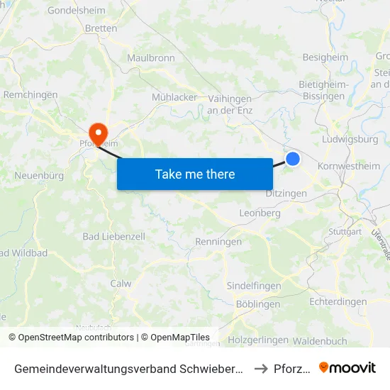 Gemeindeverwaltungsverband Schwieberdingen-Hemmingen to Pforzheim map