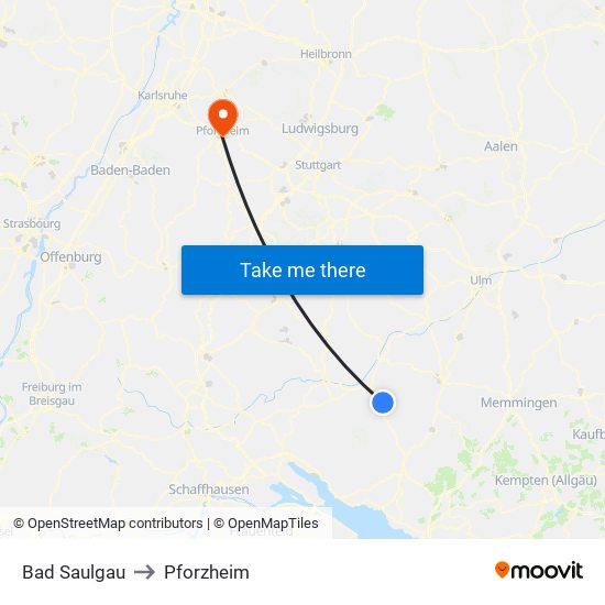 Bad Saulgau to Pforzheim map