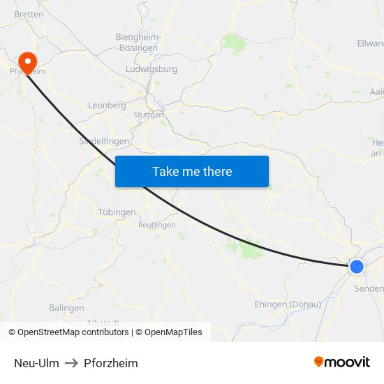 Neu-Ulm to Pforzheim map