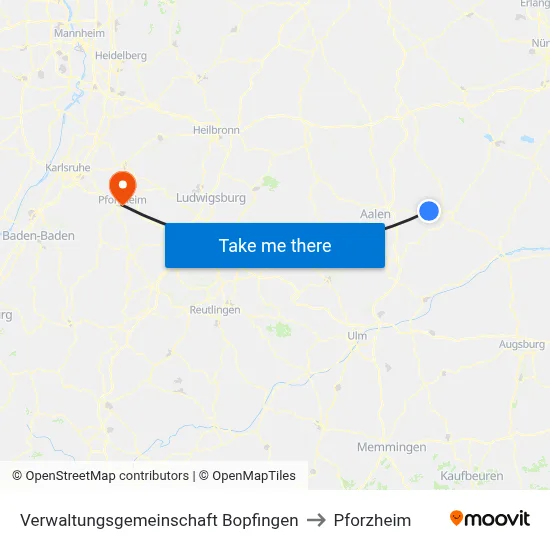 Verwaltungsgemeinschaft Bopfingen to Pforzheim map