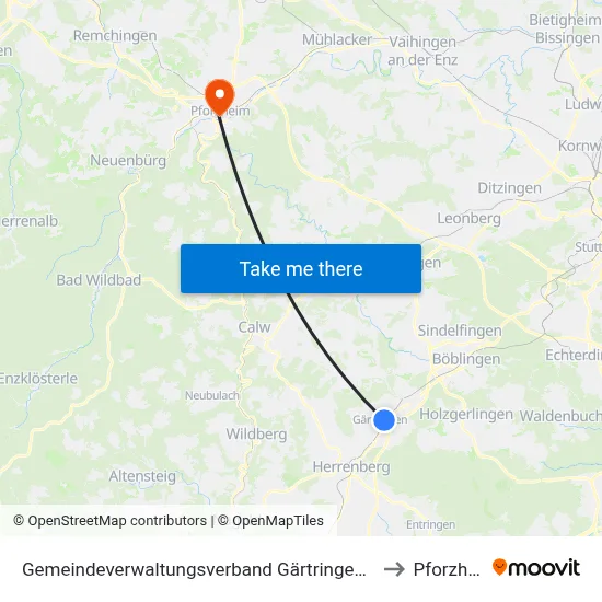 Gemeindeverwaltungsverband Gärtringen/Ehningen to Pforzheim map