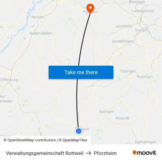 Verwaltungsgemeinschaft Rottweil to Pforzheim map