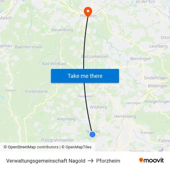 Verwaltungsgemeinschaft Nagold to Pforzheim map